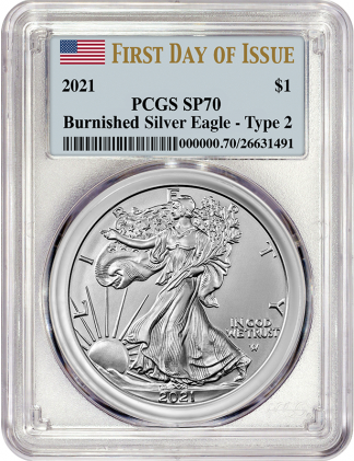 2021 W 1 oz American Silver Eagle PCGS First Day SP70 Type II Burnished (Types Vary) 2021 W 1 oz American Silver Eagle PCGS First Day SP70 Type II Burnished (Types Vary)