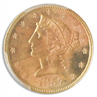 1857-S $5 Liberty SSCA Pinch Of Dust PCGS MS63 1857-S $5 Liberty SSCA Pinch Of Dust PCGS MS63