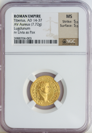 Roman Empire Tiberius Aureus NGC MS Str:5 Srf:5 7.72g