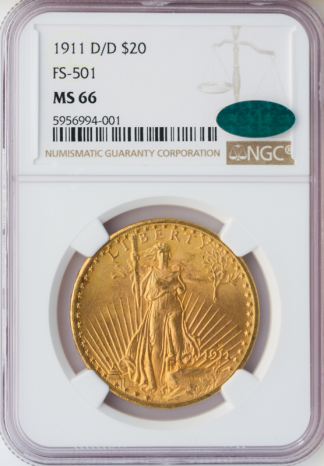 1911-D/D $20 Saint Gaudens NGC MS66 CAC