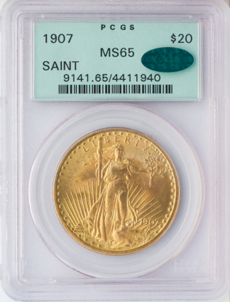 1907 No Motto $20 Saint Gaudens PCGS MS65 CAC