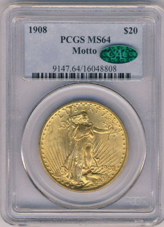 1908 $20 Saint Gaudens With Motto Gold Coin PCGS Mint State 64(MS64) CAC 1908 $20 Saint Gaudens With Motto Gold Coin PCGS Mint State 64(MS64) CAC