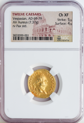 Twelve Caesars Vespasian Aureus NGC ChXF Str:5 Srf:4 7.37g Twelve Caesars Vespasian Aureus NGC ChXF Str:5 Srf:4 7.37g