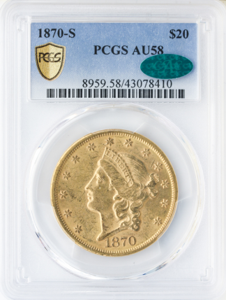 1870-S $20 Liberty PCGS AU58 CAC 1870-S $20 Liberty PCGS AU58 CAC
