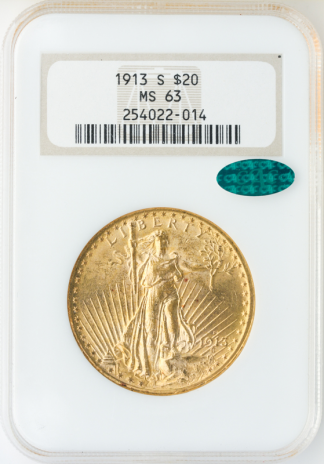 1913-S $20 Saint Gaudens NGC MS63 CAC 1913-S $20 Saint Gaudens NGC MS63 CAC