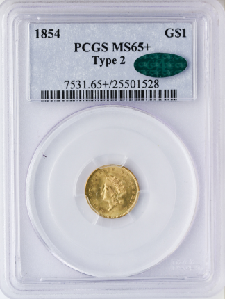 1854 $1 Gold Type II PCGS MS65 CAC + 1854 $1 Gold Type II PCGS MS65 CAC +