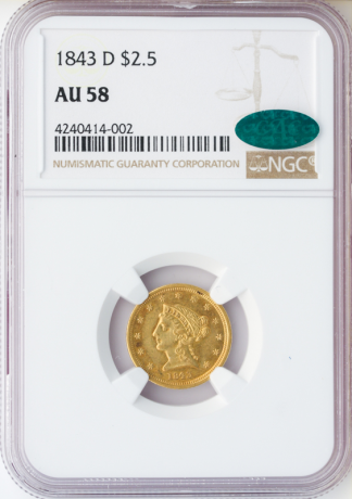 1843-D $2 1/2 Liberty NGC AU58 CAC