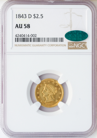 1843-D $2 1/2 Liberty NGC AU58 CAC 1843-D $2 1/2 Liberty NGC AU58 CAC
