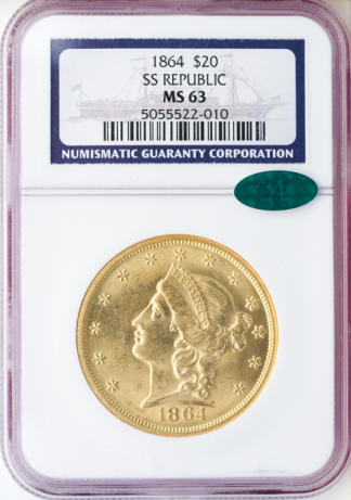 1864 $20 Liberty S.S. Republic NGC MS63 CAC