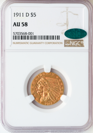 1911-D $5 Indian NGC AU58 CAC