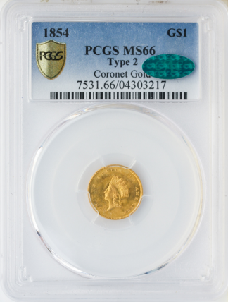 1854 Gold $1 Type 2 PCGS MS66 CAC 1854 Gold $1 Type 2 PCGS MS66 CAC