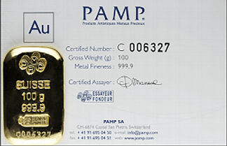 100 gram Pamp Mint Gold Bar (New w/Assay, Types Vary) 100 gram Pamp Mint Gold Bar (New w/Assay, Types Vary)