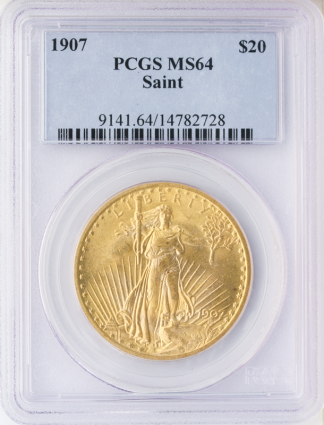 1907 No Motto $20 Saint Gaudens PCGS MS64