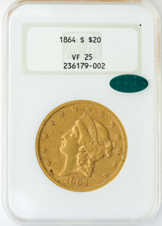 1864-S $20 Liberty NGC VF25 CAC 1864-S $20 Liberty NGC VF25 CAC