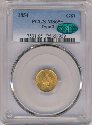 1854 $1 Gold Type II PCGS MS65 CAC + 1854 $1 Gold Type II PCGS MS65 CAC +