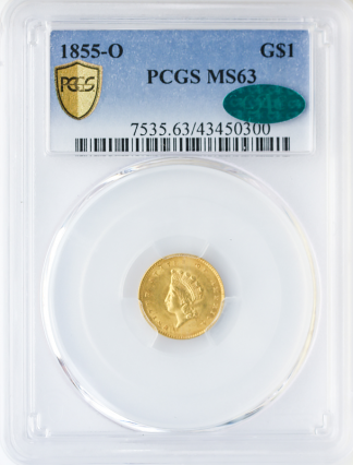 1855-O Ty II Gold $1 PCGS MS63 CAC