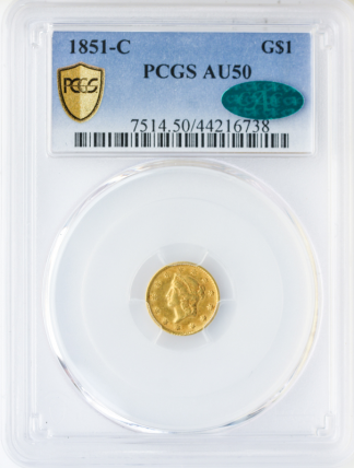 1851-C $1 Gold Type 1 PCGS AU50 CAC 1851-C $1 Gold Type 1 PCGS AU50 CAC