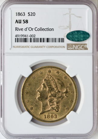 1863 $20 Liberty NGC AU58 CAC