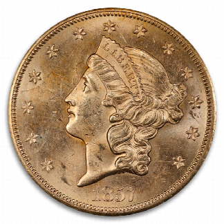 1857-S $20 Liberty SSCA Pinch Of Dust  PCGS MS62