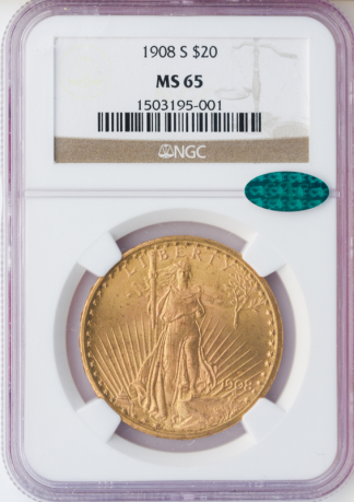1908-S $20 Saint Gaudens NGC MS65 CAC 1908-S $20 Saint Gaudens NGC MS65 CAC