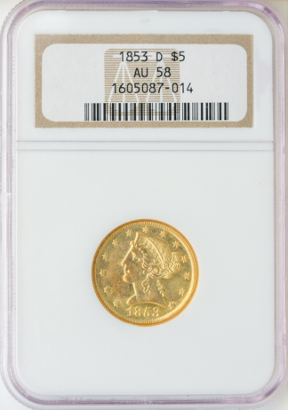 1853-D $5 Liberty No Motto Medium D NGC AU58