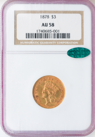 1878 $3 Indian Princess NGC AU58 CAC 1878 $3 Indian Princess NGC AU58 CAC