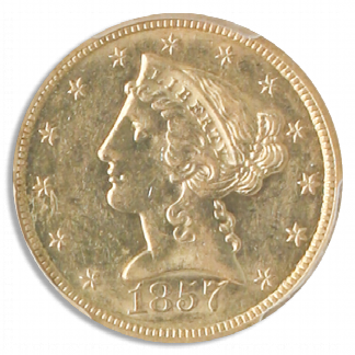1857-S $5 Liberty SSCA Pinch Of Dust PCGS AU58