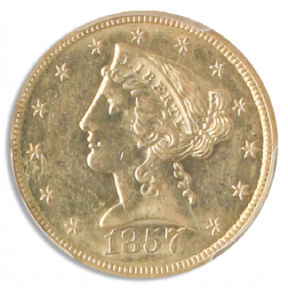 1857-S $5 Liberty SSCA Pinch Of Dust PCGS AU58 1857-S $5 Liberty SSCA Pinch Of Dust PCGS AU58