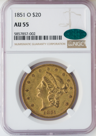 1851-O $20 Liberty NGC AU55 CAC