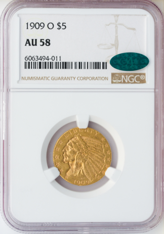 1909-O $5 Indian NGC AU58 CAC 1909-O $5 Indian NGC AU58 CAC