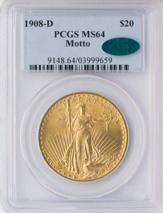 1908-D $20 Saint Gaudens Gold Coin PCGS Mint State 64(MS64) CAC