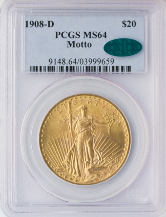 1908-D $20 Saint Gaudens Gold Coin PCGS Mint State 64(MS64) CAC 1908-D $20 Saint Gaudens Gold Coin PCGS Mint State 64(MS64) CAC