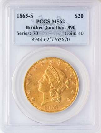 1865-S $20 Liberty Brother Jonathan PCGS MS62