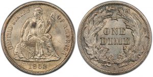 Obverse and reverse image of the 1862-S Seated Liberty Dime.