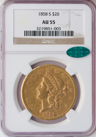 1858-S $20 Liberty Ty 1 NGC AU55 CAC 1858-S $20 Liberty Ty 1 NGC AU55 CAC