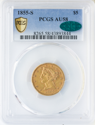 1855-S $5 Liberty PCGS AU58 CAC