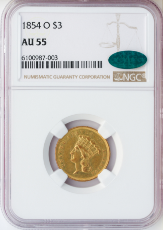 1854-O $3 Indian Princess NGC AU55 CAC 1854-O $3 Indian Princess NGC AU55 CAC
