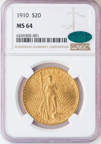 1910 $20 Saint Gaudens NGC MS64 CAC