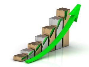 Graph incurance growth of silver and gold bars and green arrows