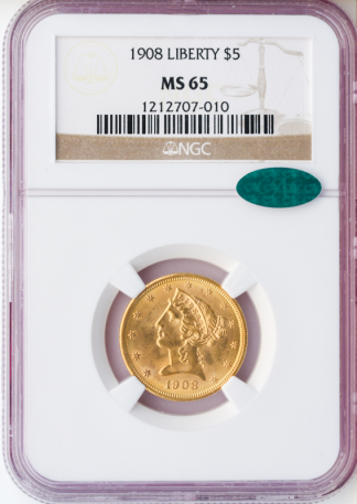 1908 $5 Liberty NGC MS65 CAC 1908 $5 Liberty NGC MS65 CAC