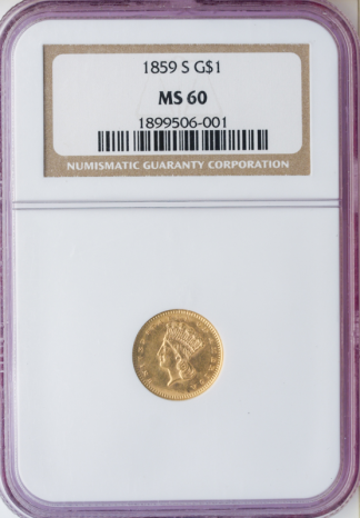 1859-S $1 Gold NGC MS60