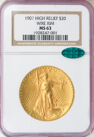 1907 $20 Saint Gaudens Wire Edge High Relief NGC MS63 CAC