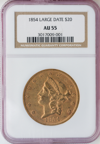 1854 $20 Liberty Large Date NGC AU55