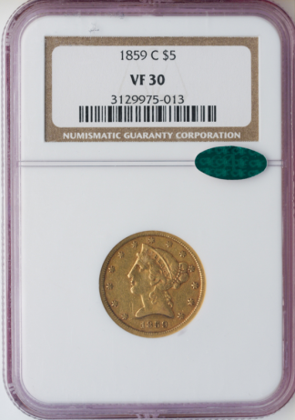 1859-C $5 Liberty NGC VF30 CAC 1859-C $5 Liberty NGC VF30 CAC