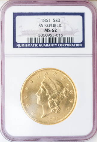 1861 $20 Liberty SS Republic NGC MS62