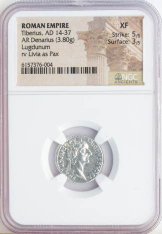 Roman Empire Tiberius Denarius NGC XF Strike: 5 Surface: 3 3.80 grams Roman Empire Tiberius Denarius NGC XF Strike: 5 Surface: 3 3.80 grams