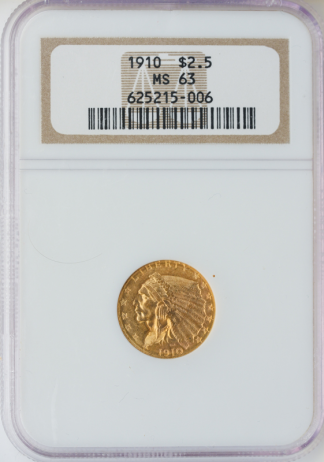 1910 $2 1/2 Indian Gold Coin NGC Mint State 63(MS63) 1910 $2 1/2 Indian Gold Coin NGC Mint State 63(MS63)