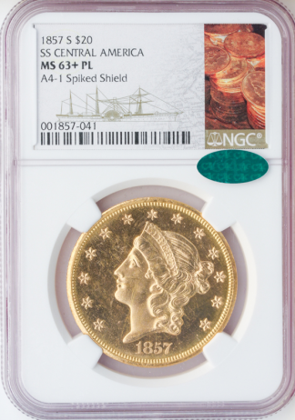 1857-S $20 Liberty SSCA NGC MS63 Proof Like CAC + 1857-S $20 Liberty SSCA NGC MS63 Proof Like CAC +