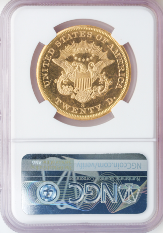 1857-S $20 Liberty SSCA NGC MS63 Proof Like CAC +
