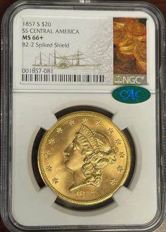 1857-S $20 Liberty SSCA Spike Shield NGC MS66 CAC +